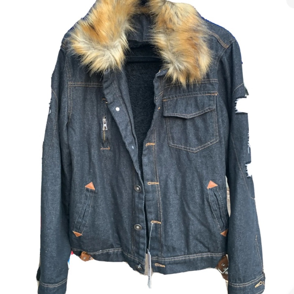 Dark Grey/Blue Jean Pilot Jacket Lined Faux Fur Collar Destressed Casual (S/M)